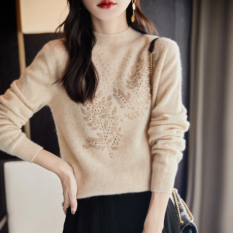 Fall/Winter New Half-high Neck Thickened Lady Diamond Wool Sweater Knitted Loose Bottom Shirt