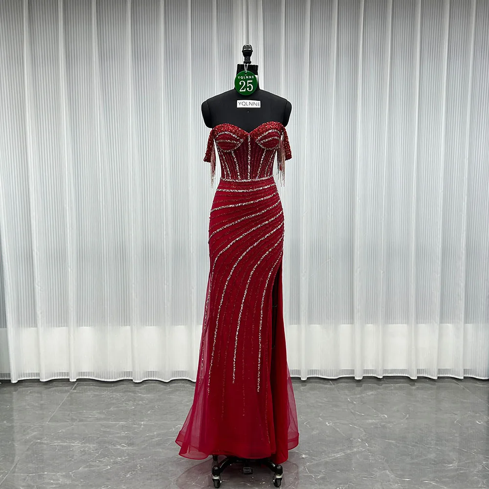 

YQLNNE 025 Red Crystals Beaded Long Prom Dresses Off Shoulder Mermaid Formal Party Gown