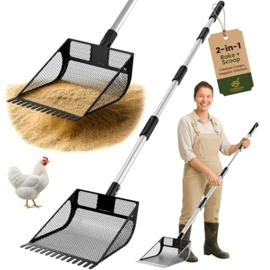 

2-in-1 Chicken Coop Poop Scooper and Rake - Metal Sand Sifting Litter Scoop Shovel with Angled Basket and Micro-Sized Diamond M