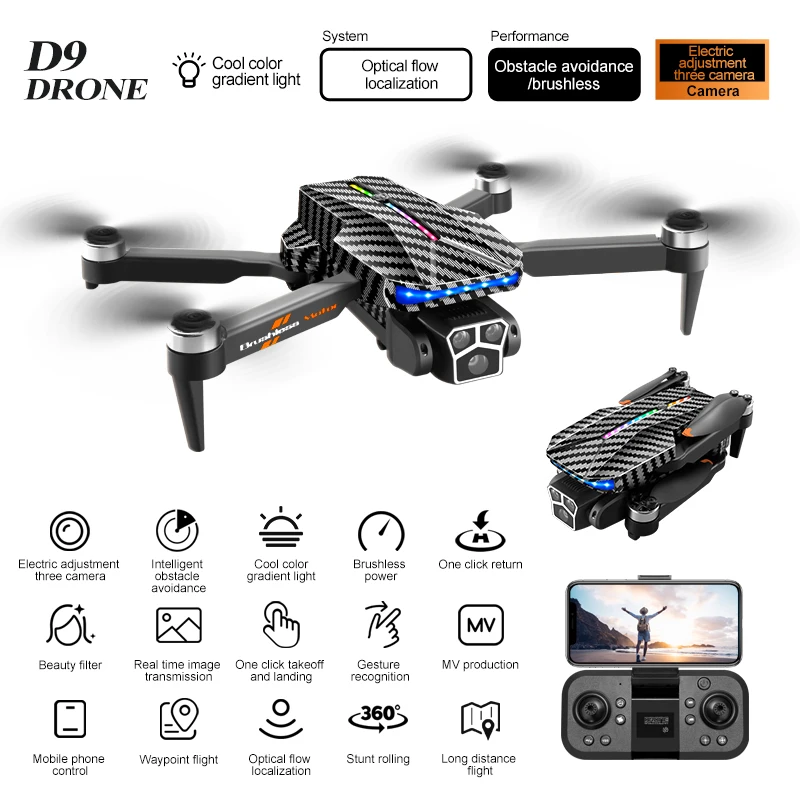 

D9 Remote Control Quadcopter Gradient Light Carbon Fiber Obstacle Avoidance Brushless Motor 4k Professional Drone Toy Gift