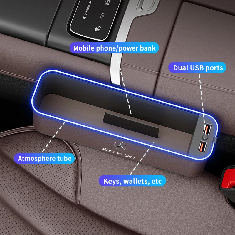 Organizador de espacio para asiento de coche, caja de almacenamiento multifunción con carga USB para mercedes-benz A B C E V Clase R A45 C43 CLA GLA GLB GLC SLK SL