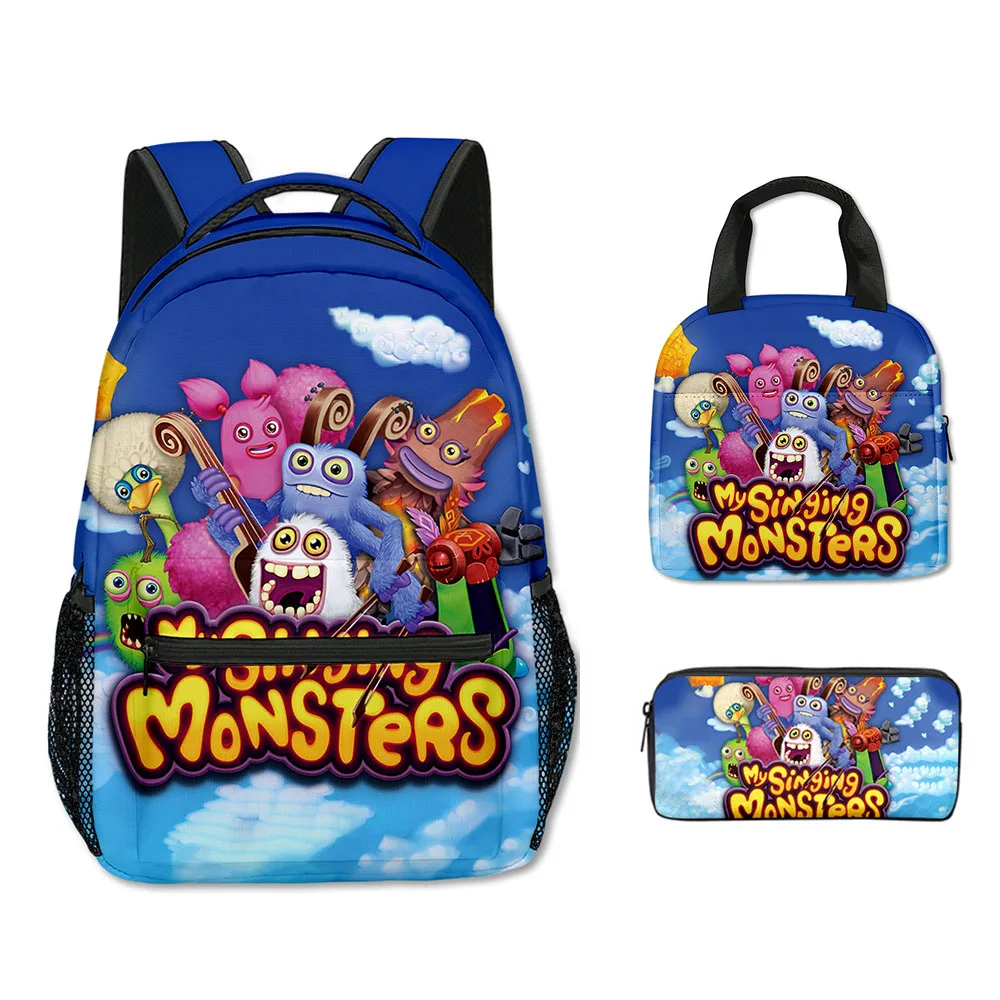 Hip Hop Popular Funny my singing monsters 3D Print 3pcs/Set School Bags Laptop Daypack Backpack portable Lunch bag Pencil Case