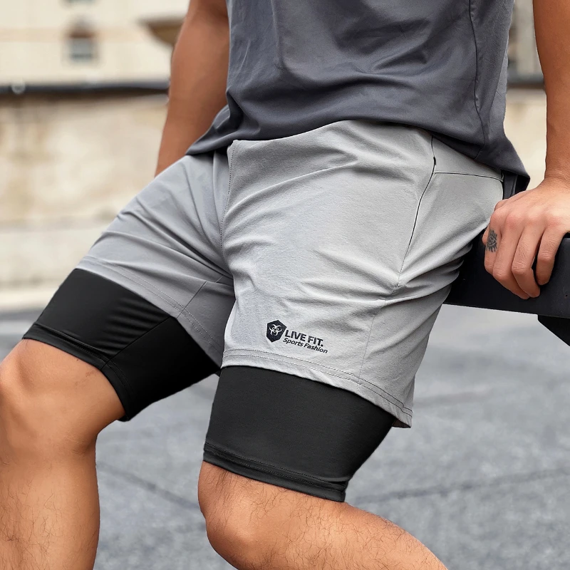 Men's 2 in 1 Double-decker Gym Shorts Quick Dry Fitness Workout Running Jogging Basketball Breathable Sports Casual Shorts Male