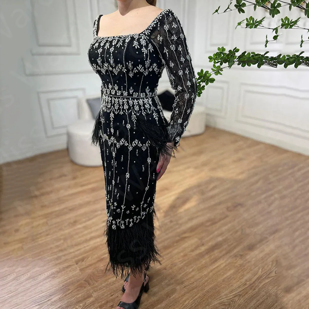 Customized Vintage Feathers Prom Dresses Black Mermaid Wedding Party Dresses Mid Calf Length Beading Evening Gowns Long Sleeves