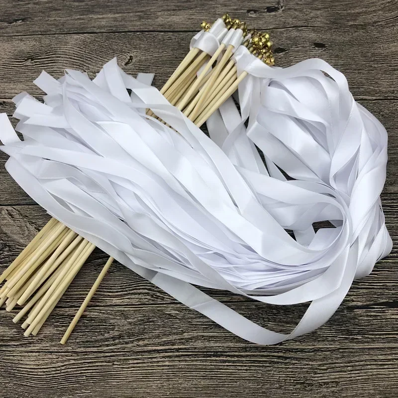 100pcs White Ribbon Stick Wands Streamers for  Party Activities Baby Shower Holiday Celebration Christmas Halloween Festival