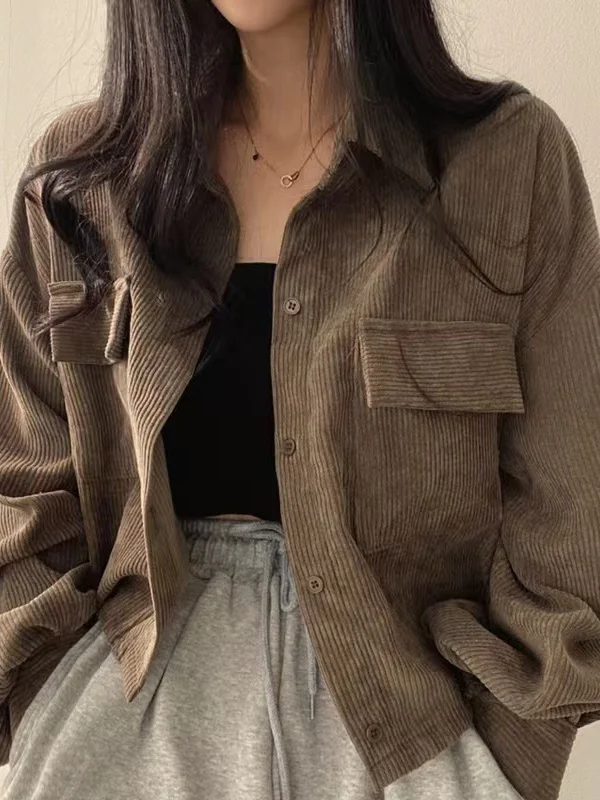 Short Women's Jacket Spring Autumn Korean Style Small Design Sensation Fashionable Corduroy Open Cardigan Unique Top