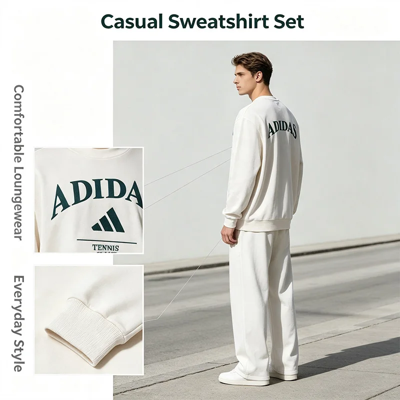 Hot Adidas Authentic White Sweatshirt Set Women 2-Piece Soft Fleece Casual Long Sleeve Top Athletic Pants Loungewear Ka0994