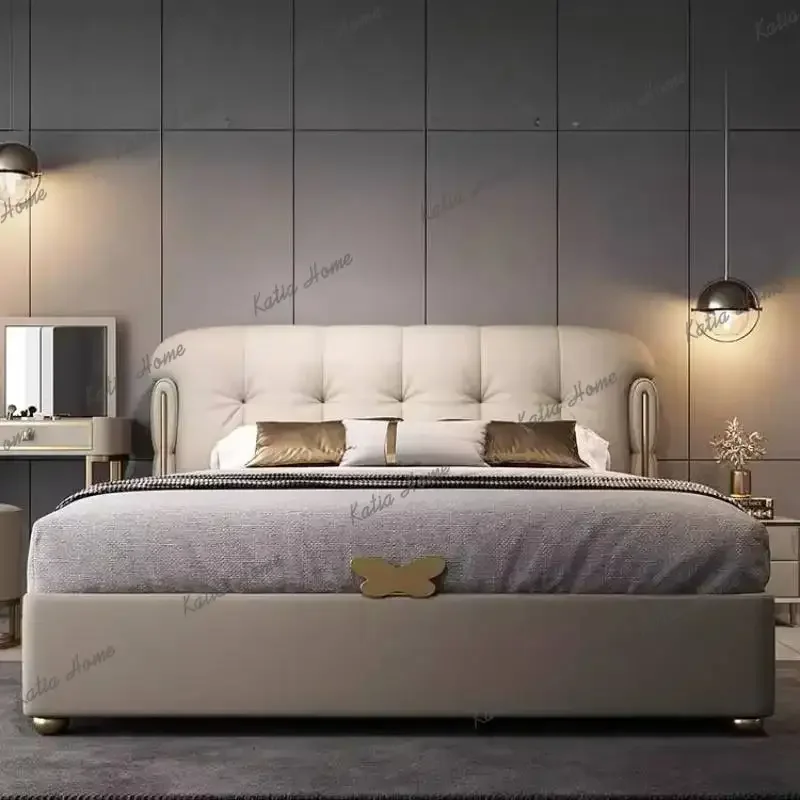 Factory Direct Nordic Unique Beige Bed Couples Designs Modern Luxury King Size Bed Bedroom Double Headboards Camas Matrimoniales