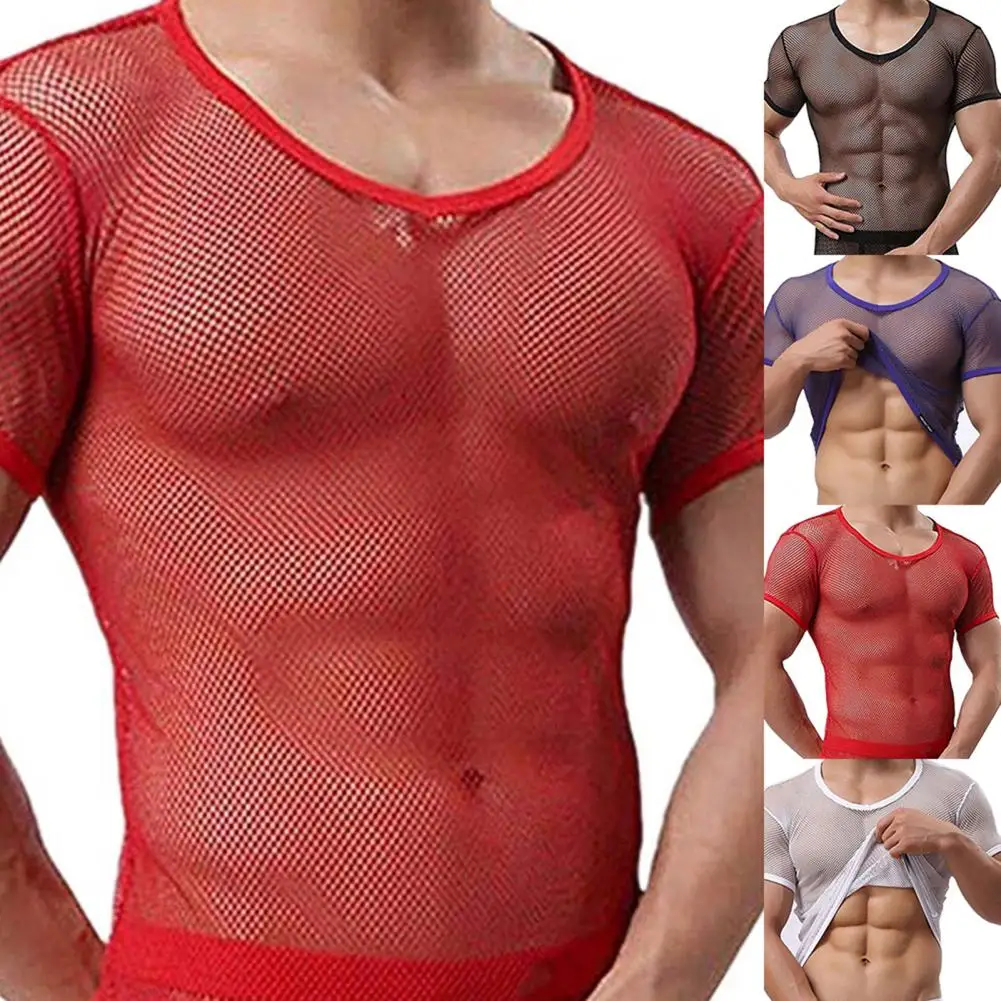 Mesh Men T-shirt Men Mesh Sexy Men See Through Blouse Sexy T-shirt Skin-friendly