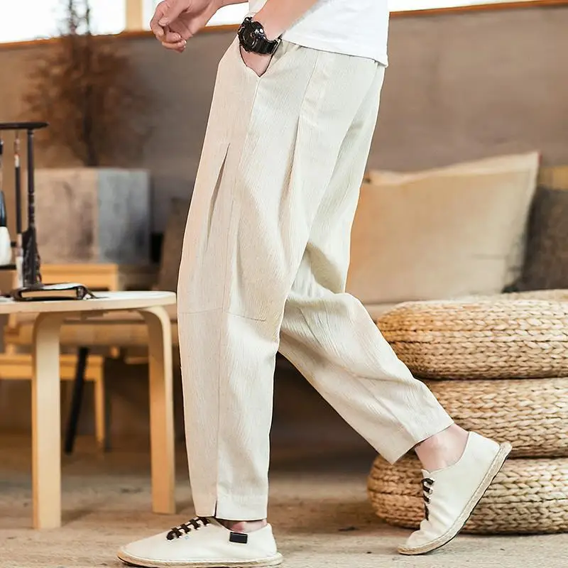 Pantalones Haren informales de algodón suelto para hombre, Pantalones rectos de estilo chino, cintura elástica sólida, bolsillo con cordón, Patchwork Delgado, tendencia