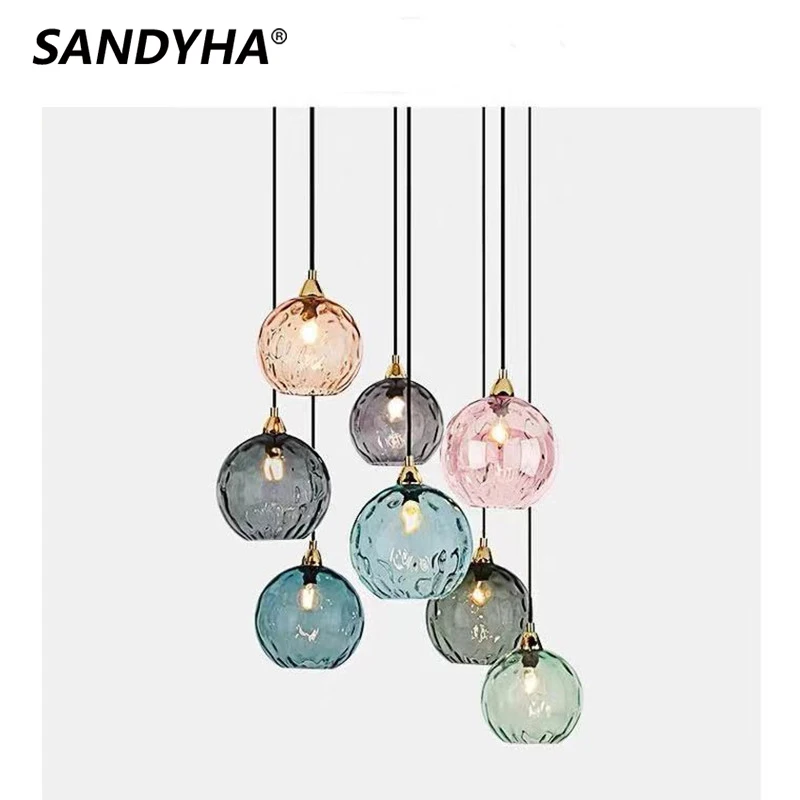 

SANDYHA Nordic Modern Minimalist Chandelier Colored Water Pattern Glass Ball Led Hanglamp for Dining Room Decor Pendant Lights