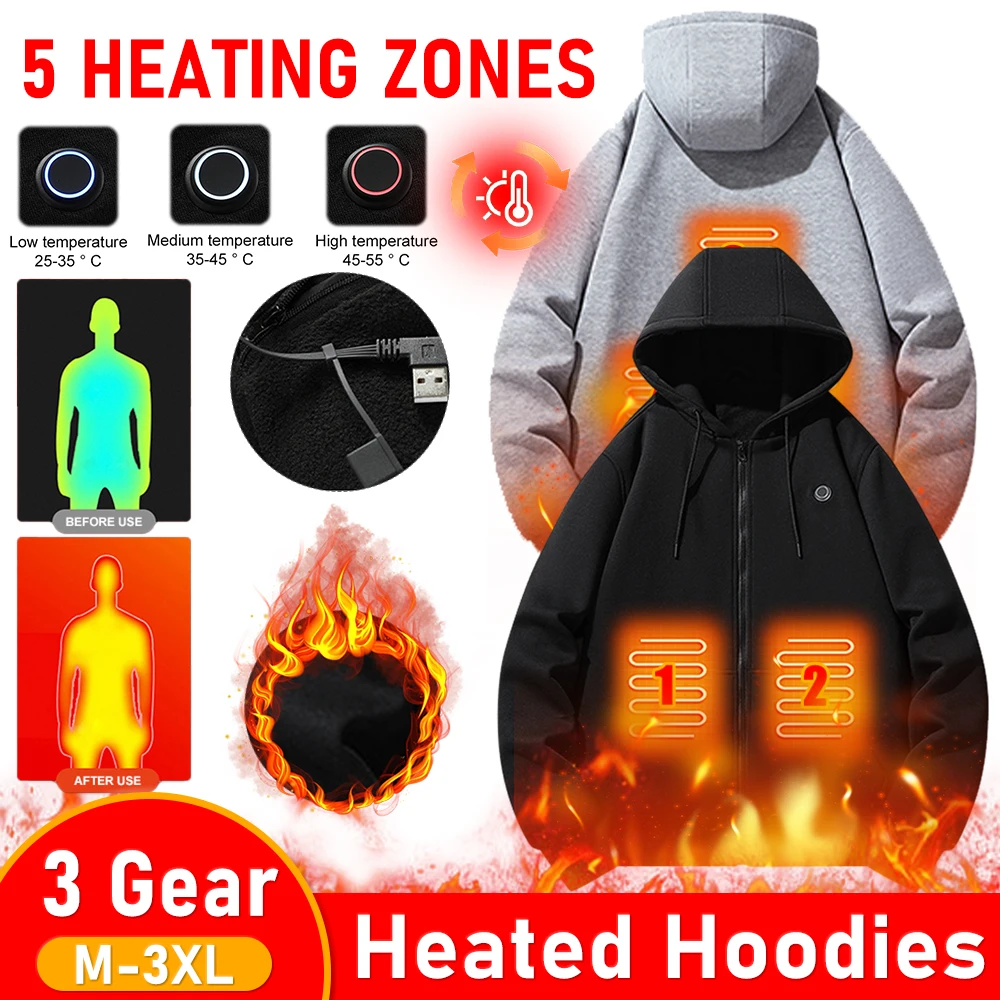 USB Heated Hoodies Men Women Fall Winter Heating Casual Hoodies Electric Heated Sweatshirts Warm Heated Clothes Zipper Hoodies