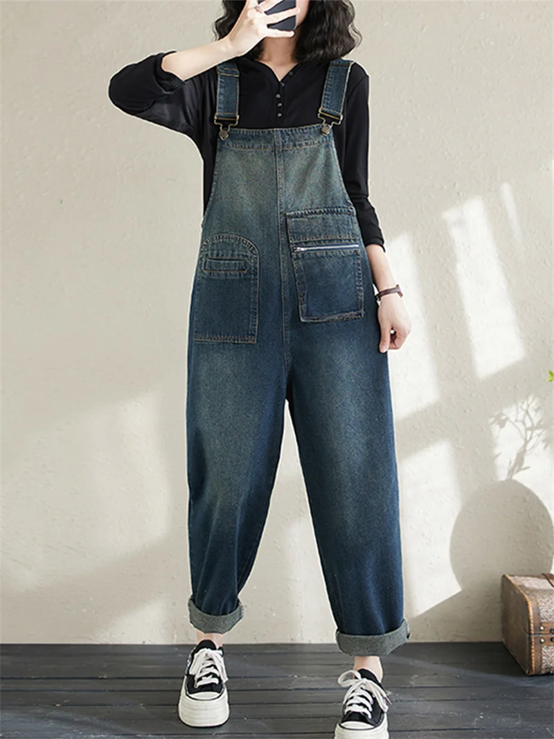 

Denim Overall Strap Pants For Women's Spring/Summer 2024 New Loose Slim Zipper Splicing Design High Waist Straight Jumpsuit K239