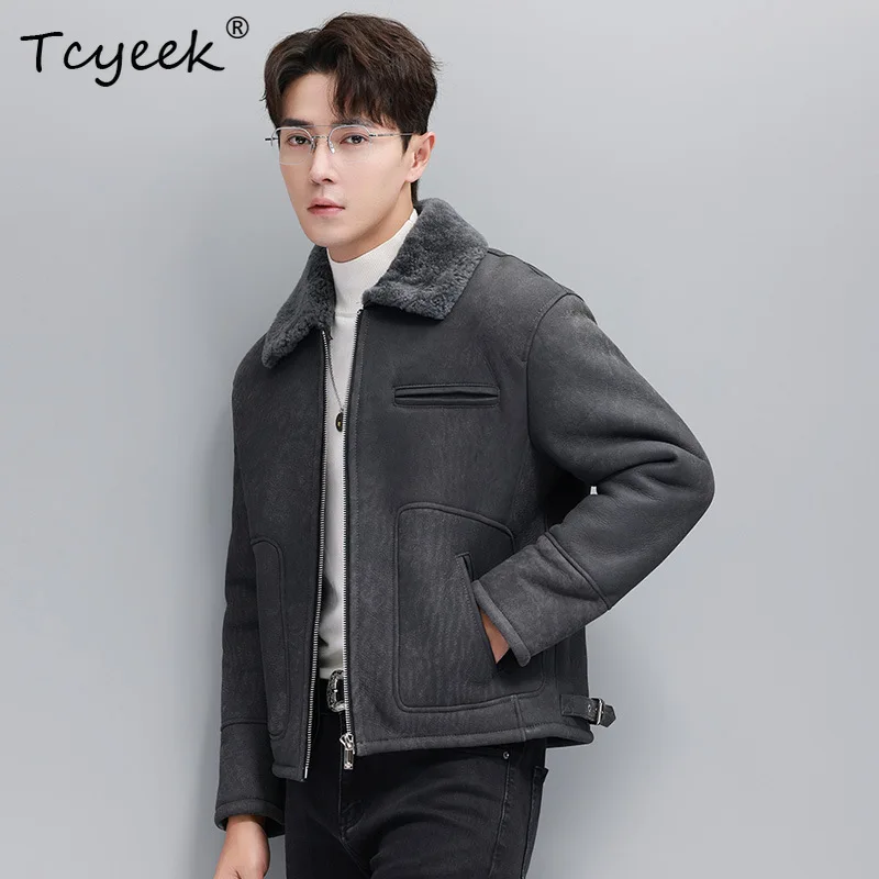Tcyeek Natural Sheep Fur Winter Coat Men Lamb Wool Motocycle Jacket Real Leather Jackets Man Warm Mens Coats  زبر حقيقي للرجال