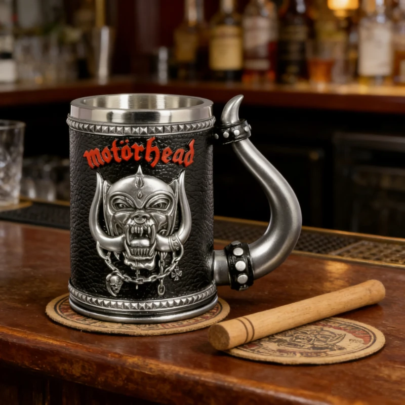 One of a Kind Gothic Horn Handle Mug - 3D Embossed Demon Skull, Durable Stainless Steel Liner, Heavy Metal Style Coffee Cup