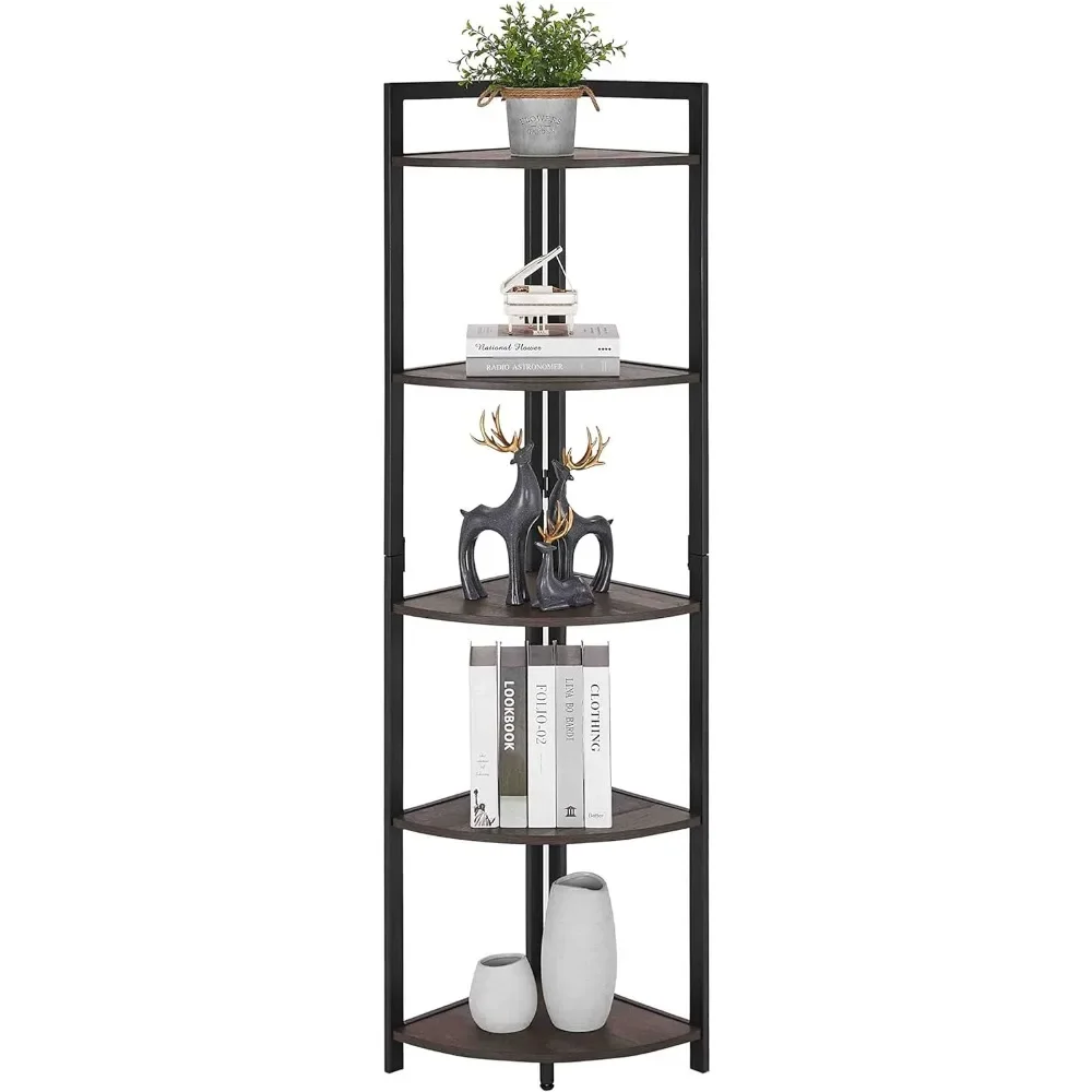 Nice Plant Rack Rustic Tall Corner Bookshelf 5 Tier Industrial Corner Shelf Stand Dark Wood and Metal Corner Plant Bookcase