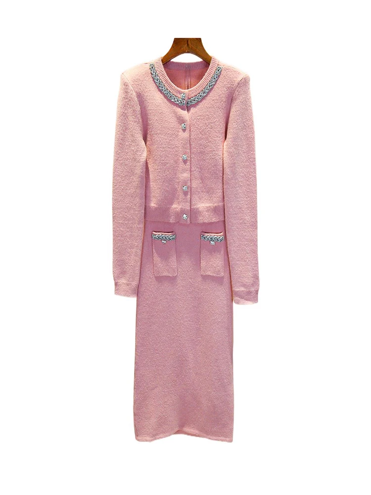 

Высококачественный вязаный кардиган и комплект юбки из мягкого полиэфирного волокна Long Sve, круглый ансамбль с застежкой на пуговицы Ne Faion