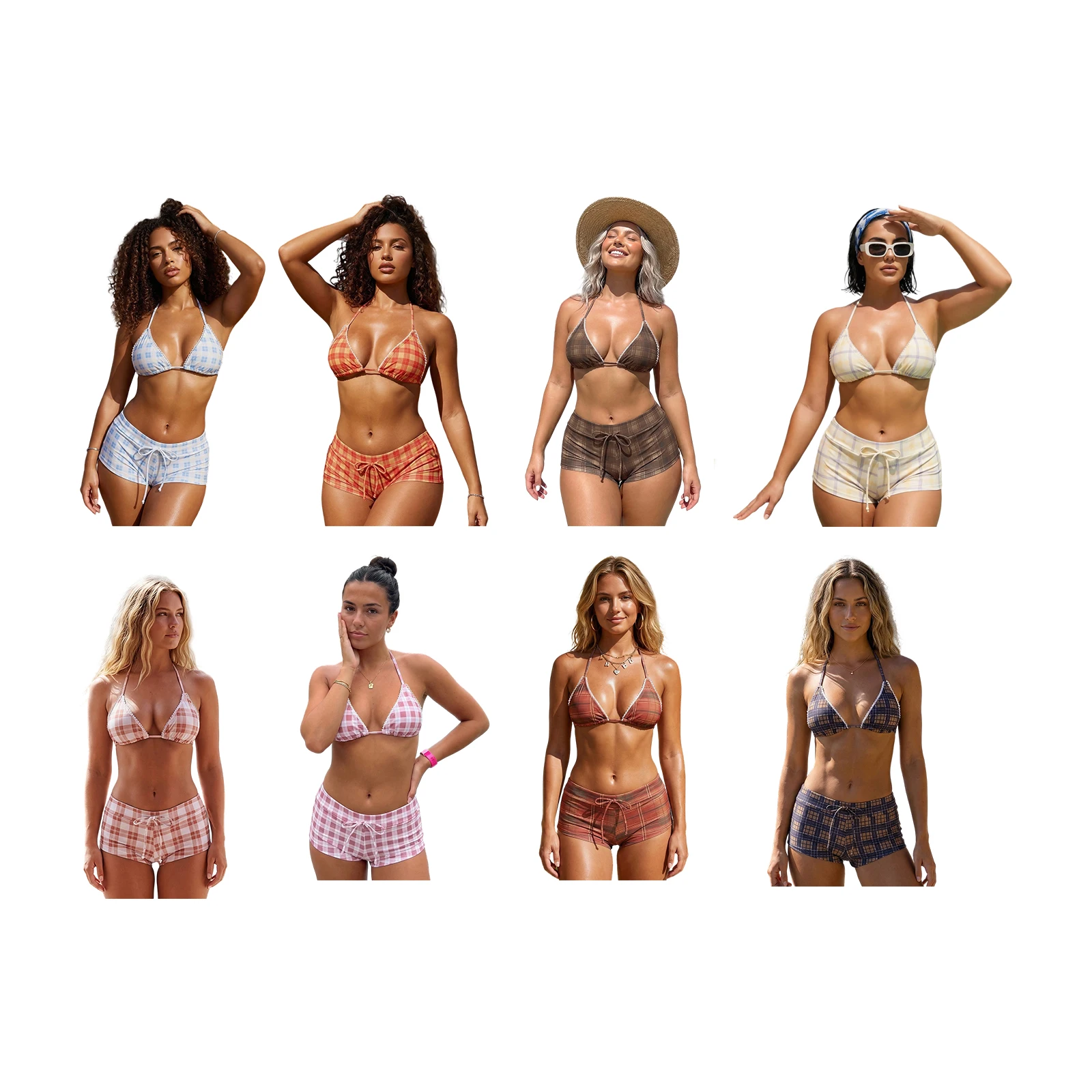 Women's Plaid Bikini Halter Neck Padded Bra Triangle Tops and Low Waist Boyshorts 2pcs Bathing Suit Summer Beach Swimwear