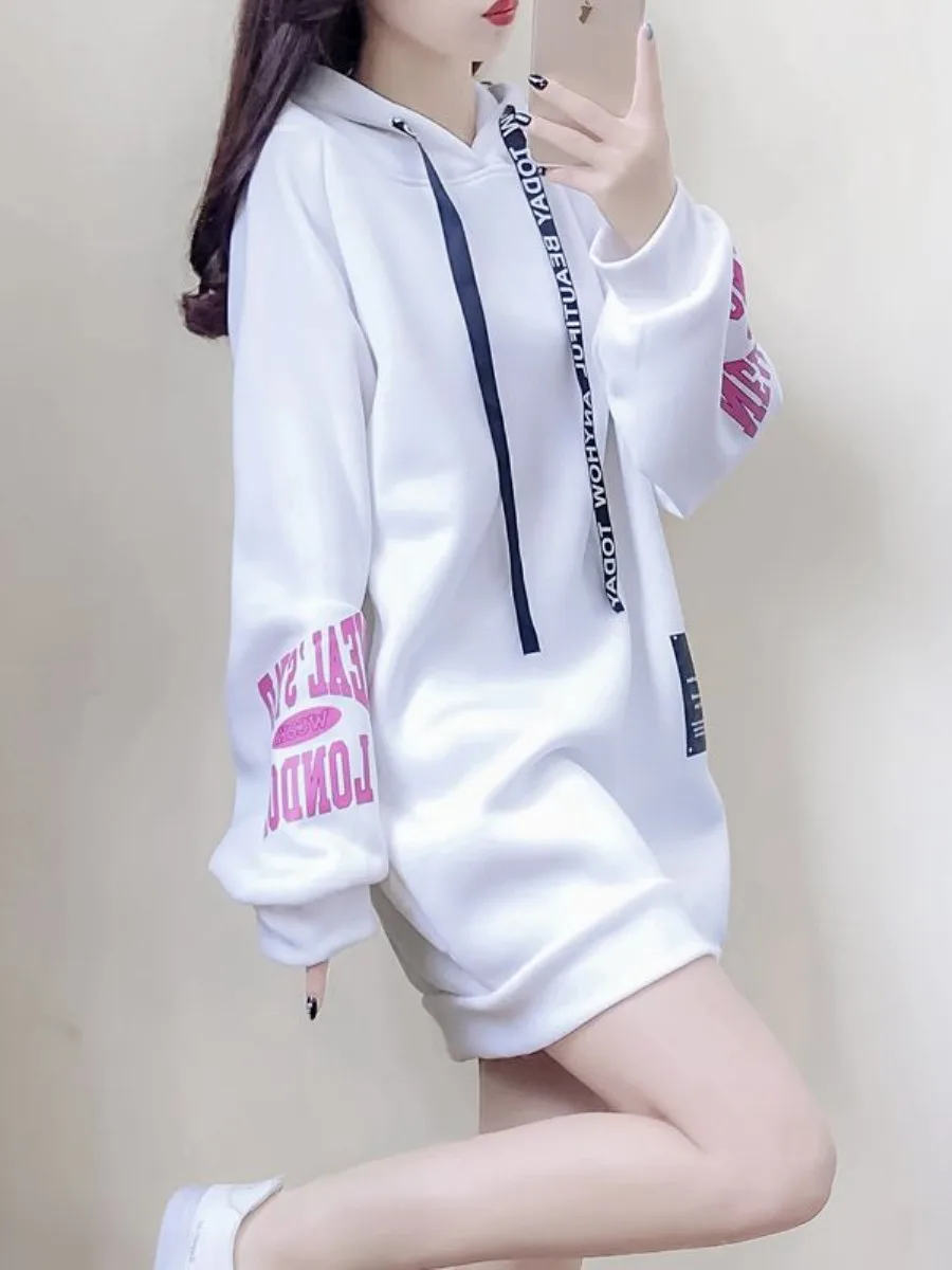 韓国風フリース裏地付きパーカー-レディース-ミドル丈-ルーズアウター-カジュアル-ins-ツーピースセット-秋冬ファッション-帽子付き