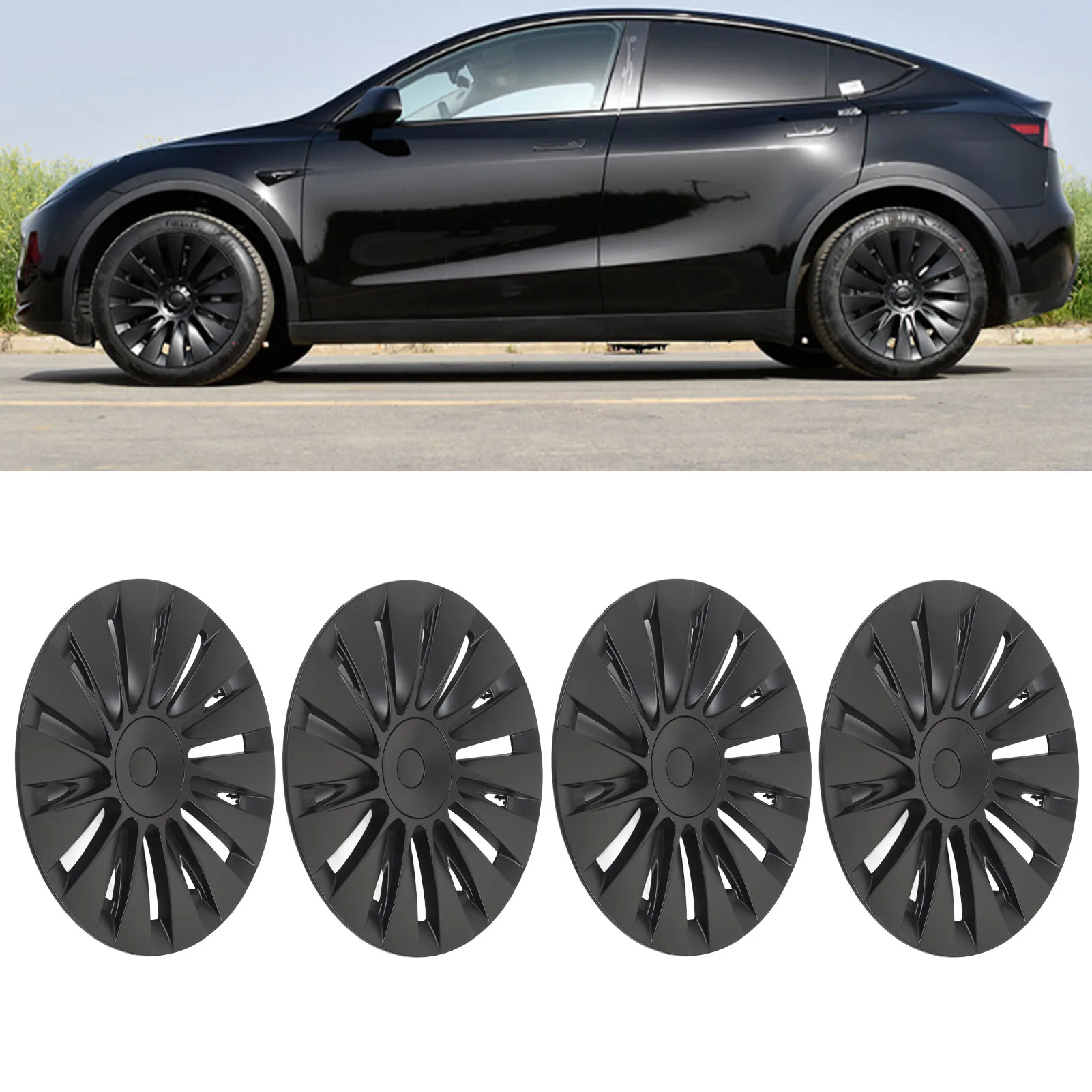 4PCS 19in Wheel Hub Cap Matte Black Sporty Wheel Rim Cover Replacement For Model Y 2020 to 2023