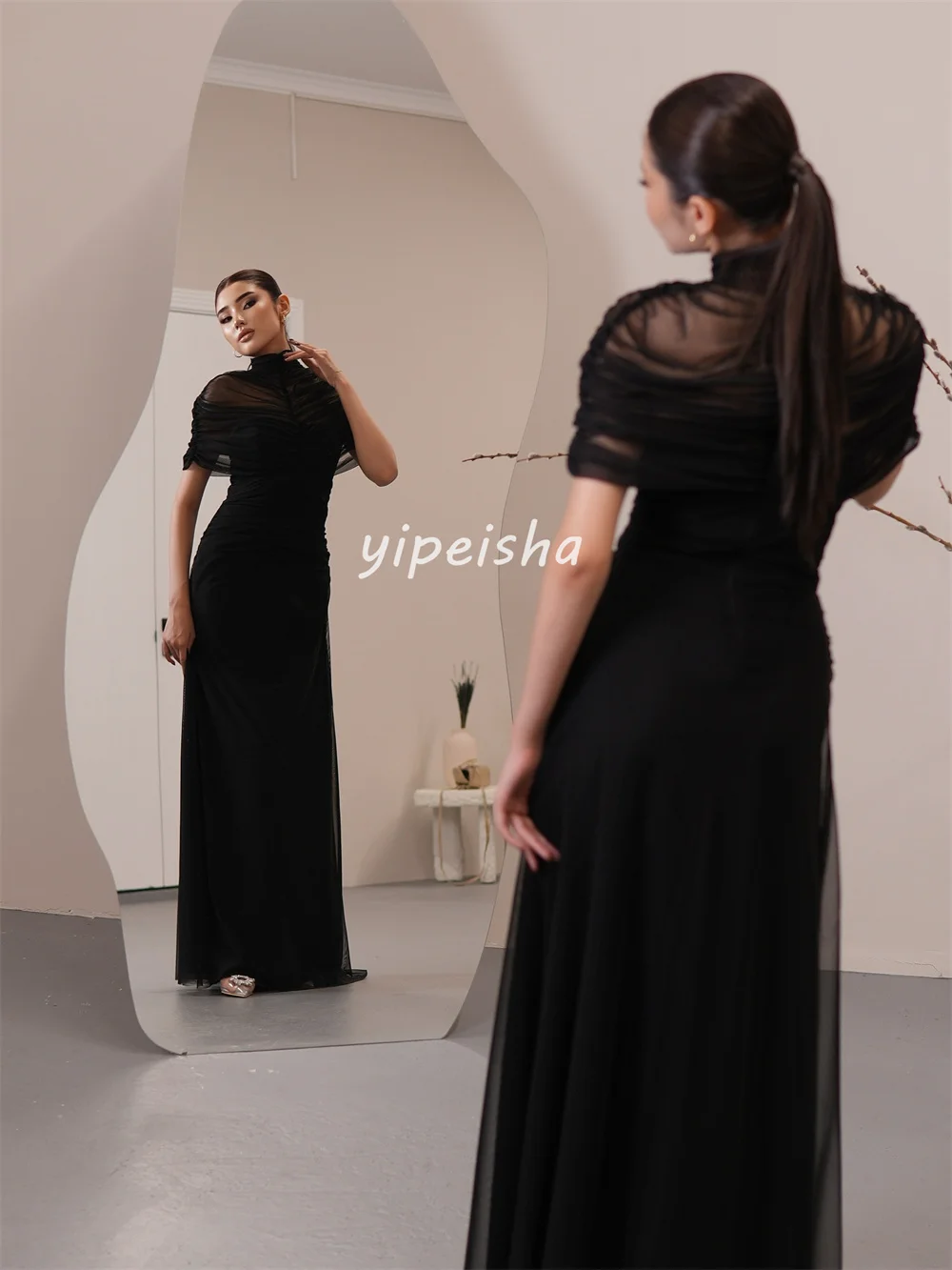 Personalizado estilo moderno tule plissado ruched drapeado em linha reta gola alta vestidos longos sob medida vestidos de ocasião tamanhos disponíveis