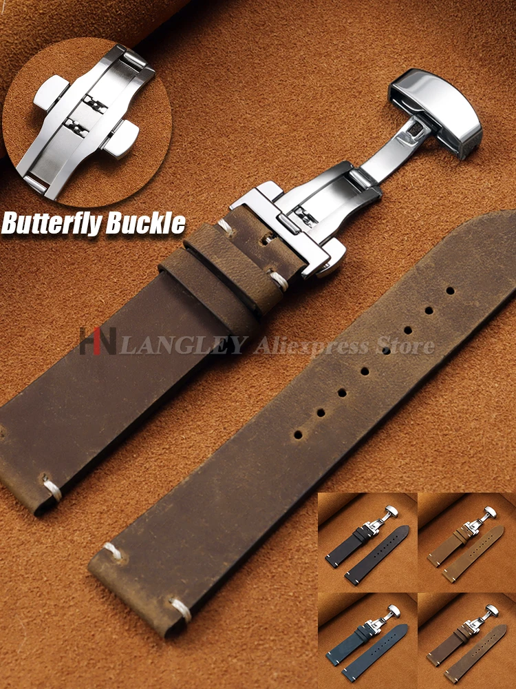 Vintage-Nähte Rindslederarmband für Omega 18/20/21/22/24 mm Business-Armbänder für Seiko Lederarmband Schmetterlingsschnalle