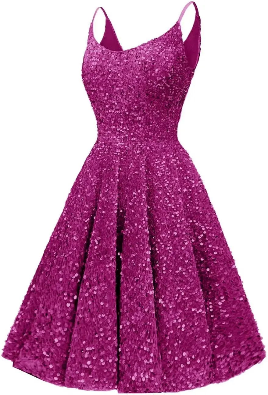ティーン向けスパンコールホームカミングドレス-キラキラスパゲッティストラップ-aラインショートプロムドレス-カクテルフォーマルパーティードレス-イブニングドレス