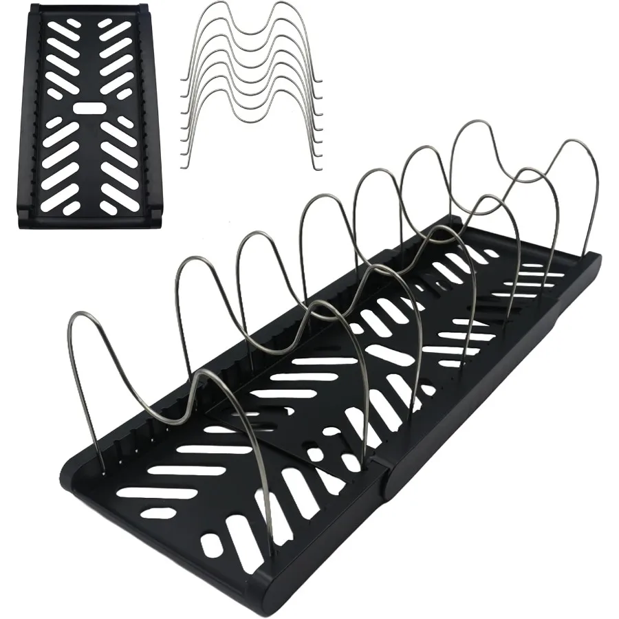 

Полка для кастрюль: органайзер для кастрюль и сковородок под шкафом 7, регулируемое отделение, расширяемый держатель крышки кастрюли для кухонной посуды Bakewa