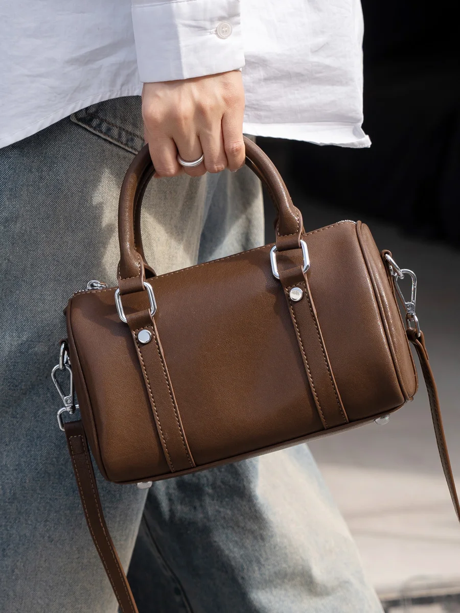 

NACI Soft Leather Vintage Boston Pillow Bag Women's Commuter Tote Crossbody Bag with kets Zipper Closure Medium Size