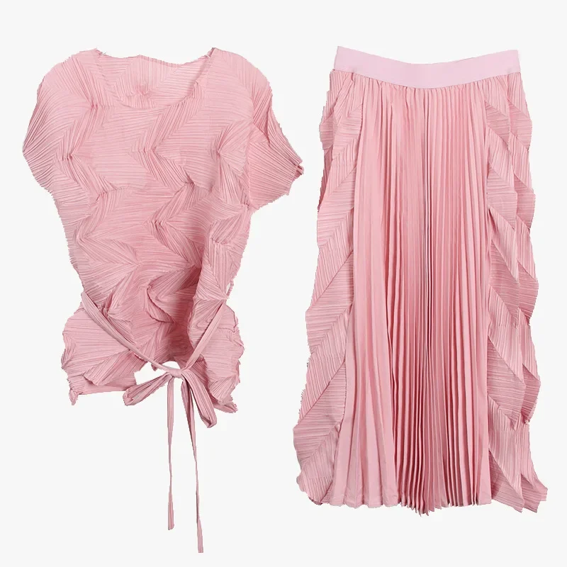 2025 الصيف قصيرة الأكمام التعادل تصميم أعلى + مرونة الخصر نصف الجسم تنورة قطعتين مجموعة مياكي غير النظامية فضفاضة مطوي المرأة مجموعة