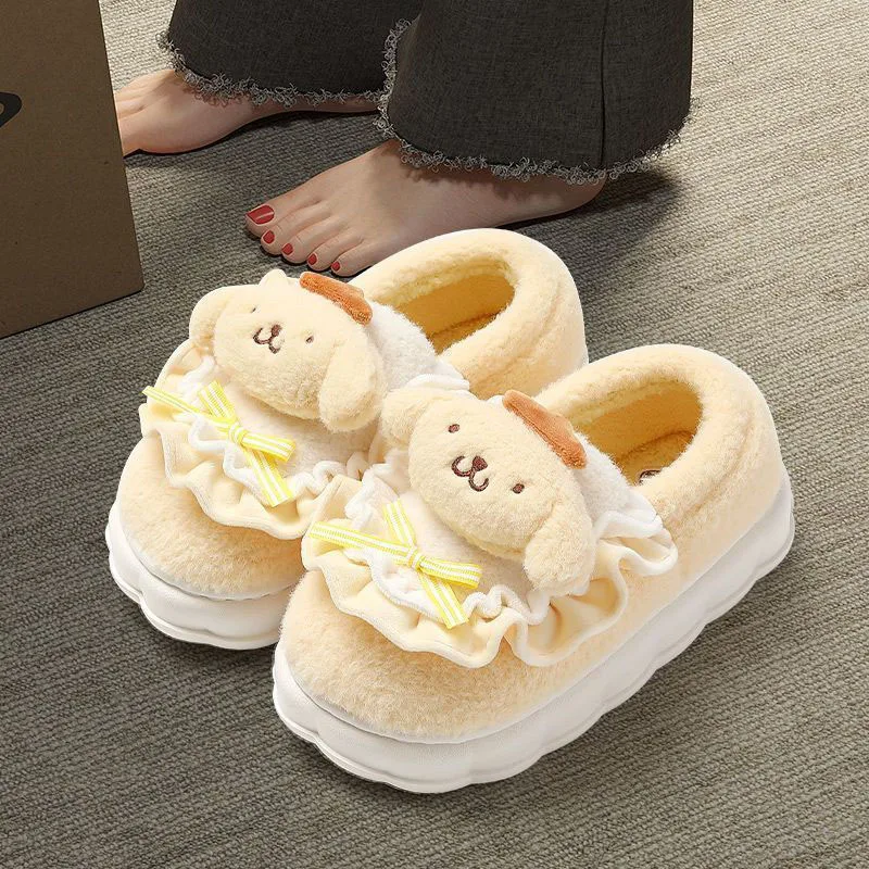 Plush Slipper My Melody Kuromi Cinnamoroll Pom Pom Purin Cute Cartoon Cotton-Padded Shoes Winter Warm Comfortable Slippers Gift