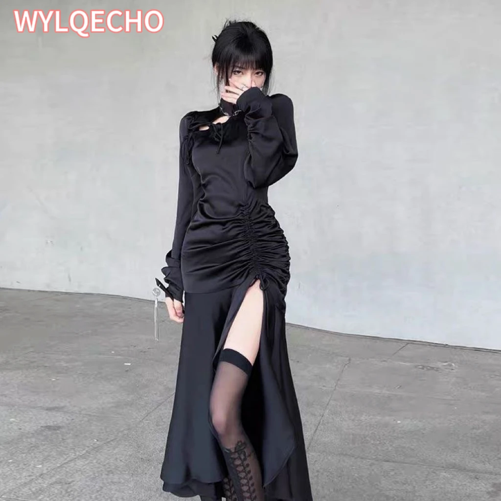 

Sexy Black Cheongsam Women Long Chinese Dresses Y2K High Split Qipao Chines New Style Dresses Lady Dark Bandage Dress Clothes