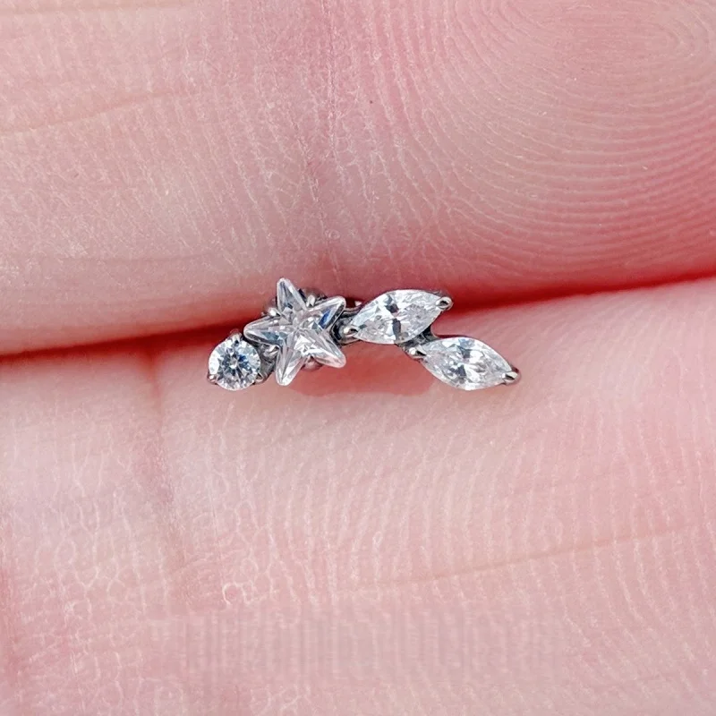 F136 Titan Sternförmiger Zirkonia-Lippenpiercingring mit Innengewinde für Labret, Tragus, Helix, Knorpel, Nasenschmuck, Ohrringe – Detail 4