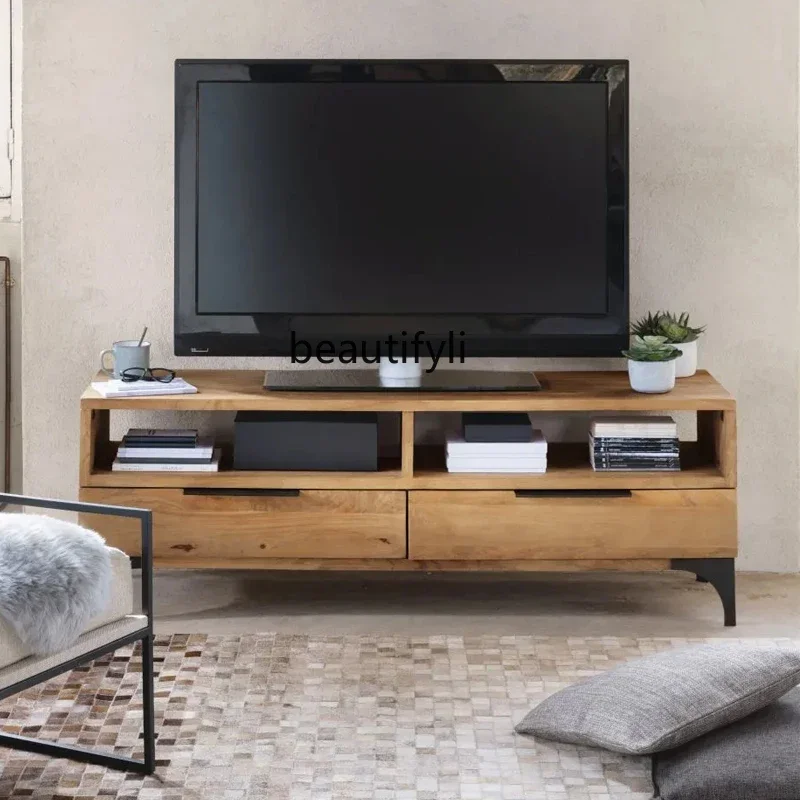 Nordic Simple TV Cabinet Solid Wood Living Room Small Apartment Storage Organizer Cabinet Industrial Style Audiovisual Cabinet