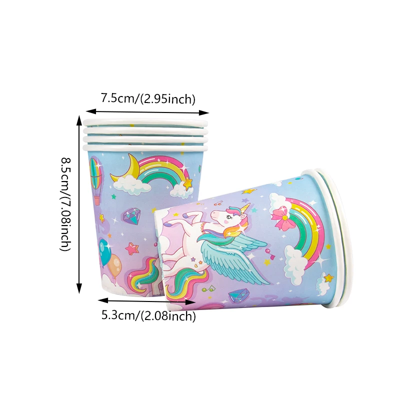 Juego de vajilla desechable de unicornio arcoíris para niña, decoración de fiesta de cumpleaños, platos de papel, vasos, suministros