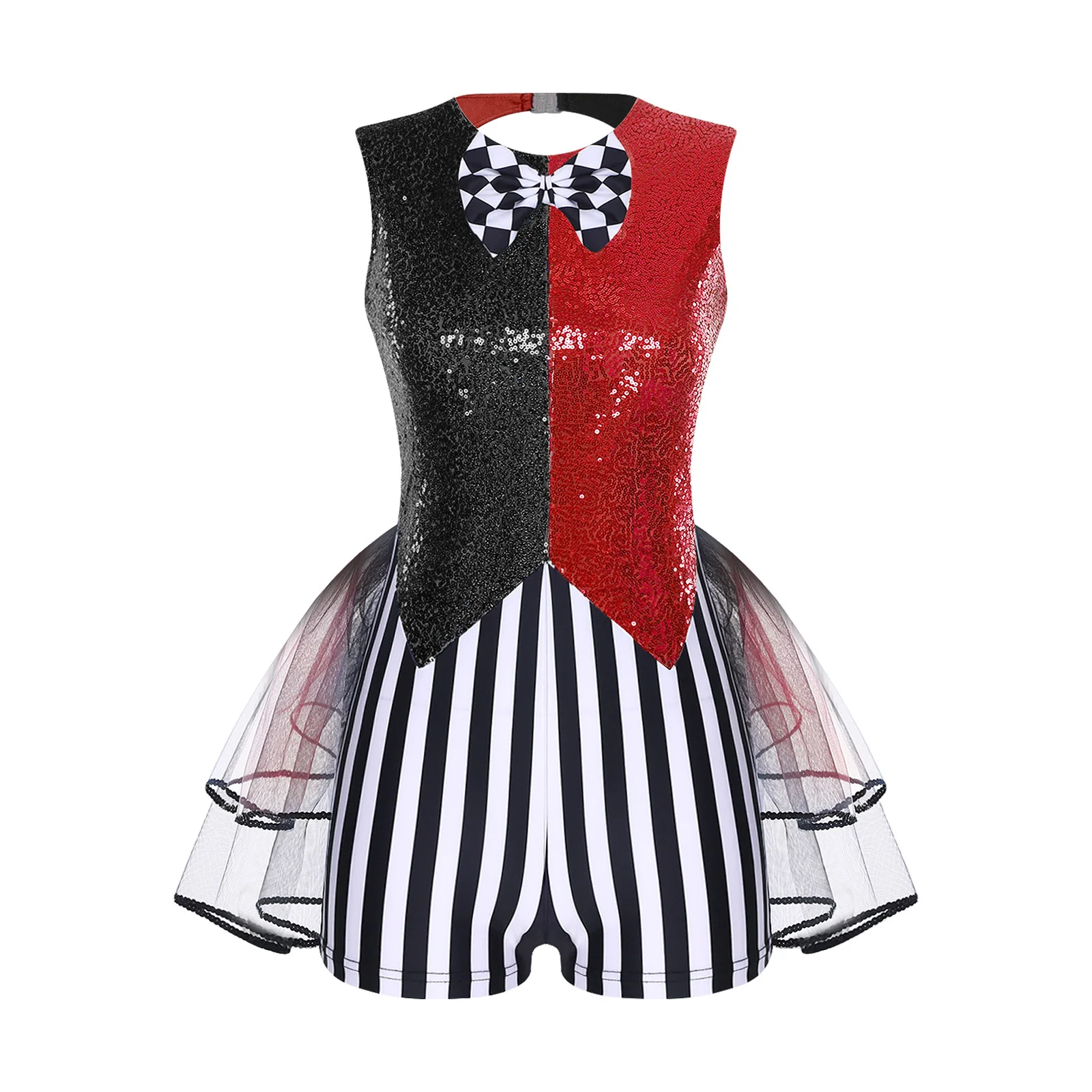 

Womens Crazy Hatters Cosplay Jumpsuit Sequin Striped Checker Tiered Tulle Hem Rompers Jazz Dance Leotard Tutu Mad Clown Costumes