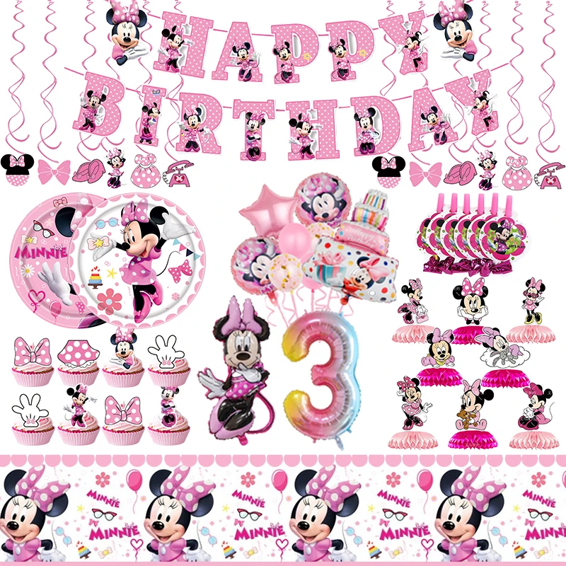 Decoraciones de fiesta de cumpleaños de Minnie Mouse, juego completo de vajilla, globos rosas, pancarta, caja de dulces, favores para niños