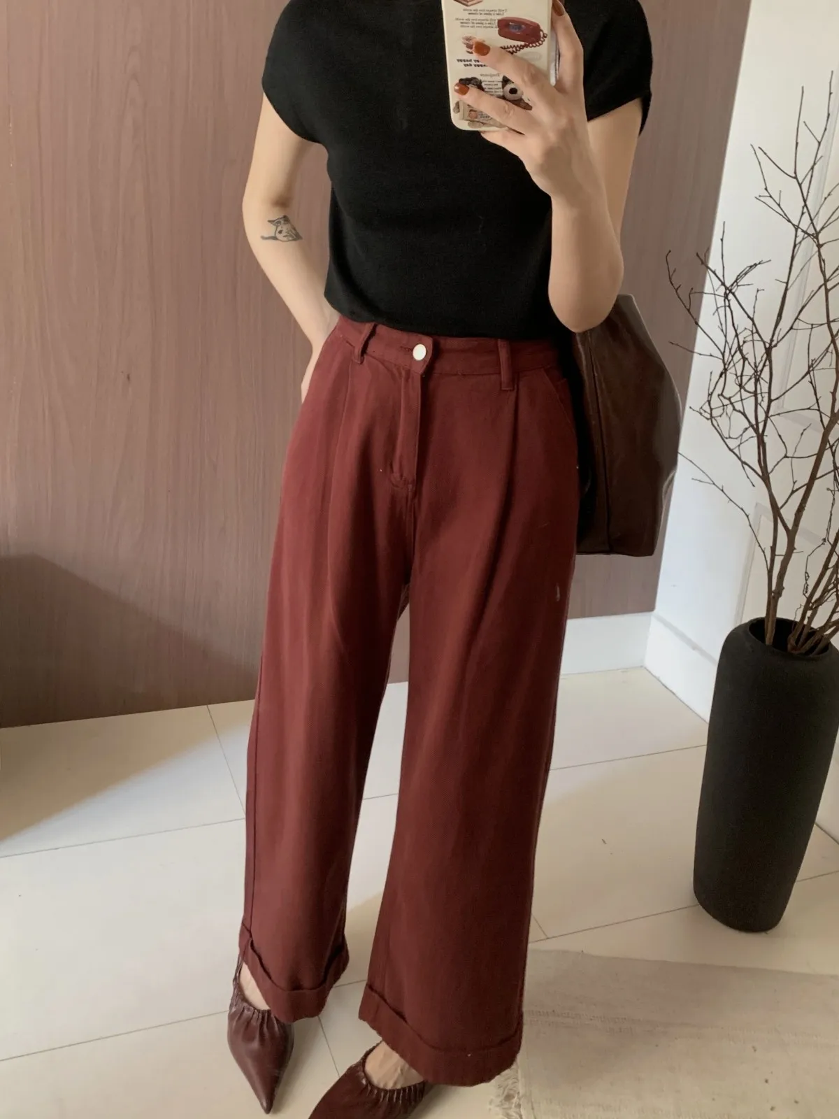 

ZHISILAO Fashion Solid Red Wide Leg Straight Jeans Women Ankle-length Denim Pants Streetwear Autumn 2024