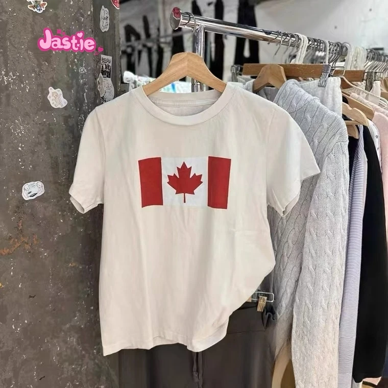 Canadian Flag Print Short Sleeve Tees Red Maple Leaf Chic Women T-shirts New Summer Casual Cotton Tshirt Retro Y2K Tops Woman