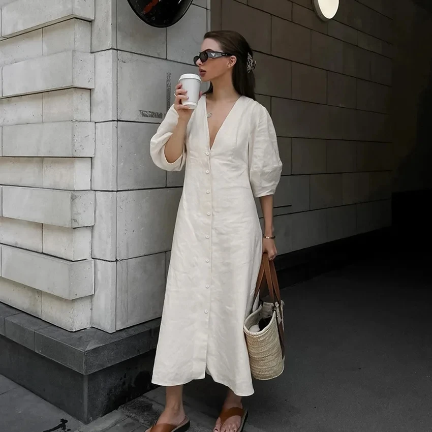 

2026 Summer New Beige V Neck Puff Sleeve A Line Long Skirt Simple Casual Waist Cinching Dress Women Loose Fit