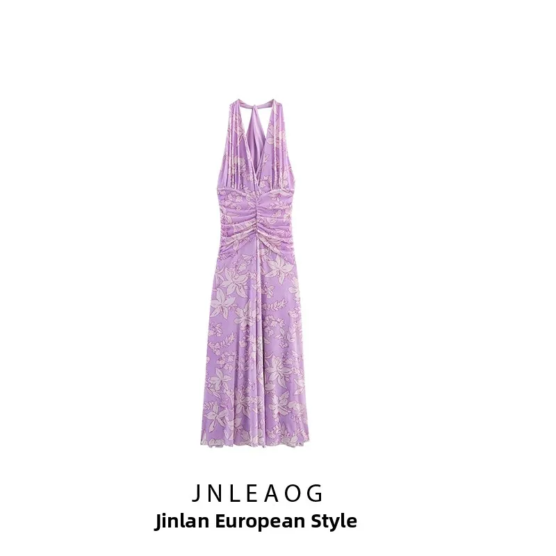 JNLEAOG Vestido Largo de Malla de Seda Estampado para Mujer, Diseño Otoñal, Estilo Casual, Recto, Sin Mangas, con un Solo Botón