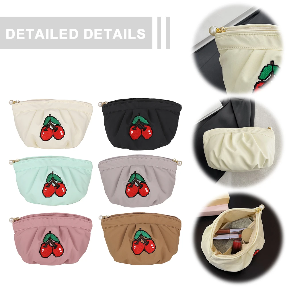 

Small Makeup Bag Cherry Embroidery Travel Cosmetic Bag with Zipper Toiletry Bag Makeup Organizer Bag for Women Travel Essentials