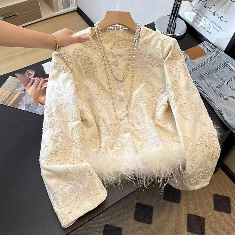 

New Spring and Autumn Ostrich Top Coat with Chinese-style Beaded Heavy Industry Fragrant Embroidery Velvet and Sequins Fashion