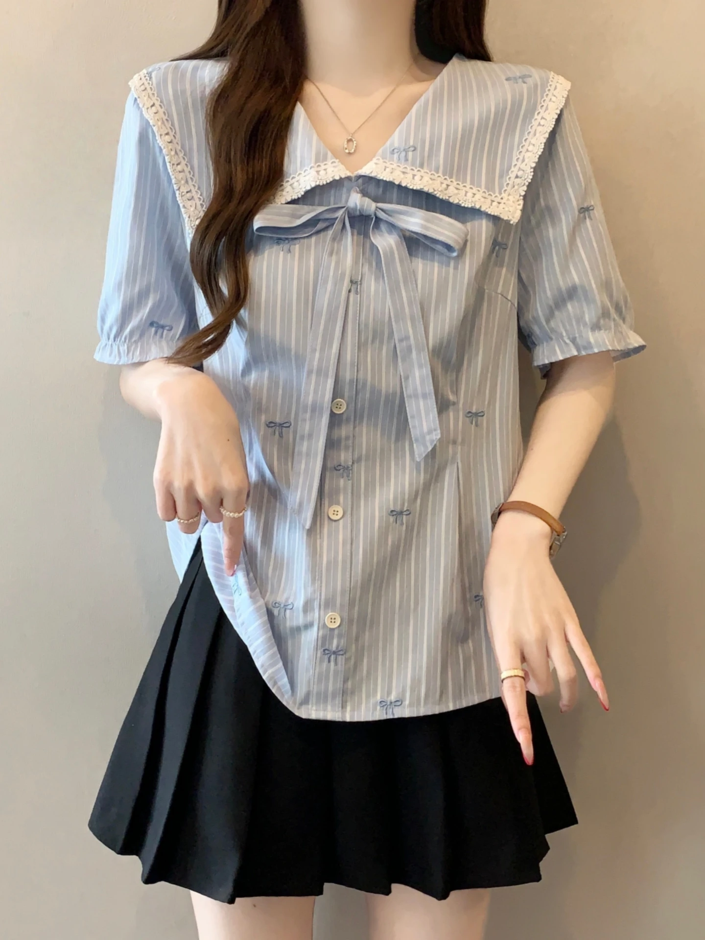 

Slimming Plaid Short Sleeve Embroidered Doll Collar Knot Women's Shirt Korean Style Breathable Thin Material Casual...