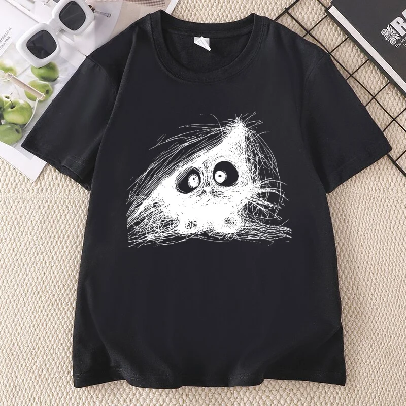 Vintage Black Cat T-Shirt Cute Scribble Graphic Tee Casaul Round Neck Printed Short Sleeve Tshirts Men Women Cat Lover