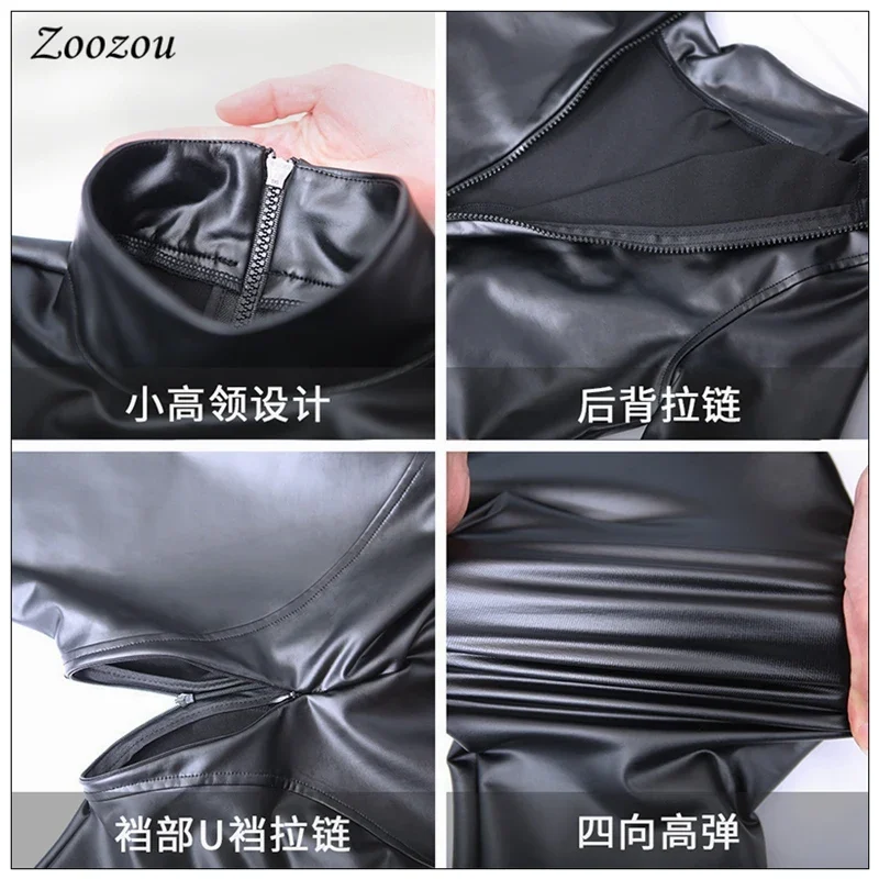 Women Sexy Latex PU Leather Exotic Jumpsuits Black Zentai Cat Suit Zip Open Crotch Wet Look Bodysuits Erotic Club Costume Custom