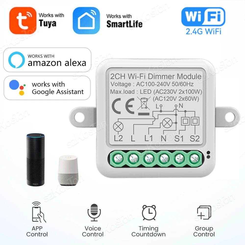 Tuya WiFi Smart Dimmer Switch Module 2 Way Control 1/2Gang Dimmable Light Timer App Voice Control Works With Alexa Google Home