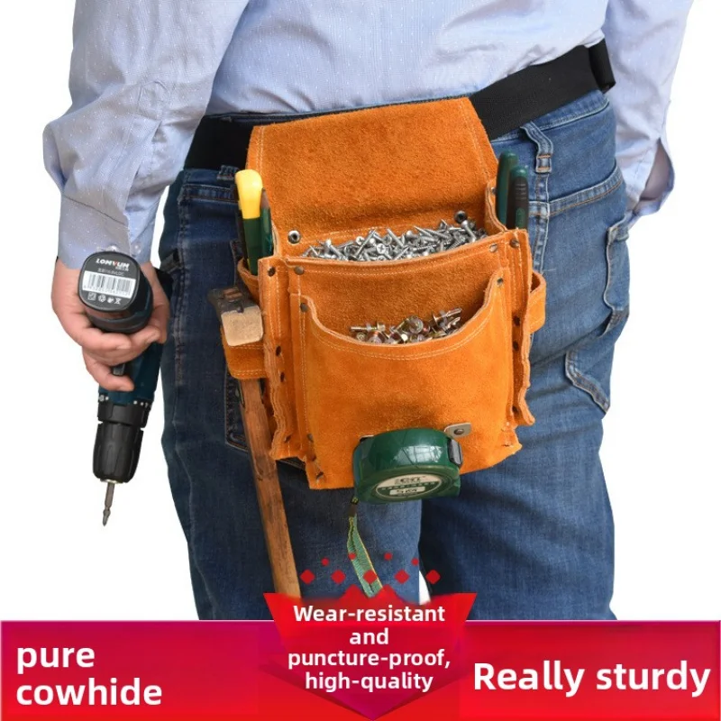 Carpenter Nail Pouch Cow Split Leather Multi Pocket Wear-resistant Waist Tool Bag Construction Builder Woodworking Nail Screw