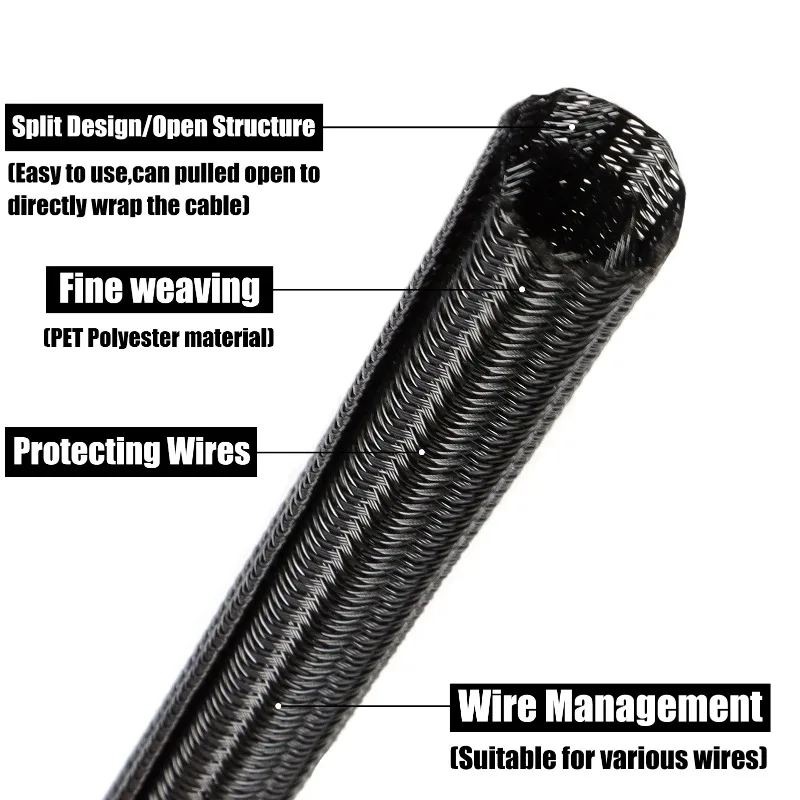2/10m Black PET Braided Self-Closing Cable Sleeve Dia 3mm ~ 50mm Wear Resistant Insulated Wire Organizer Cable Management Sheath image 2