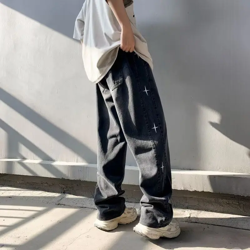 Spring and Autumn Embroidered Jeans Men's Loose Gradual Change Straight Trousers Drawstring Drape Casual Wide-leg Baggy Trousers